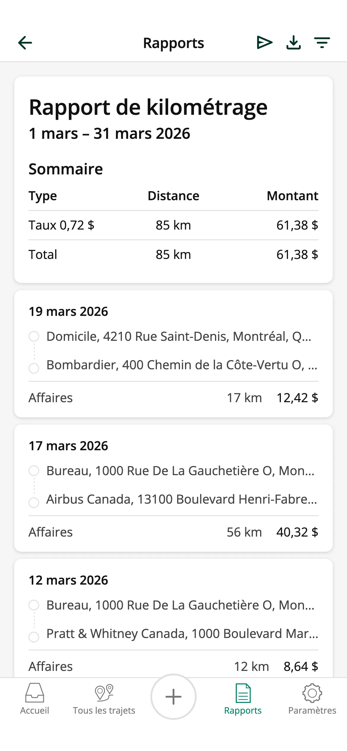 Rapports kilométriques instantanés